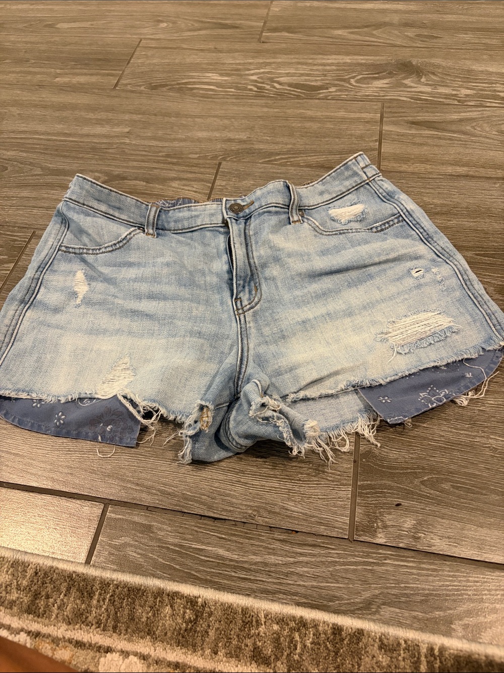 aerie Light Blue Distressed Denim Shorts with Bandana pockets